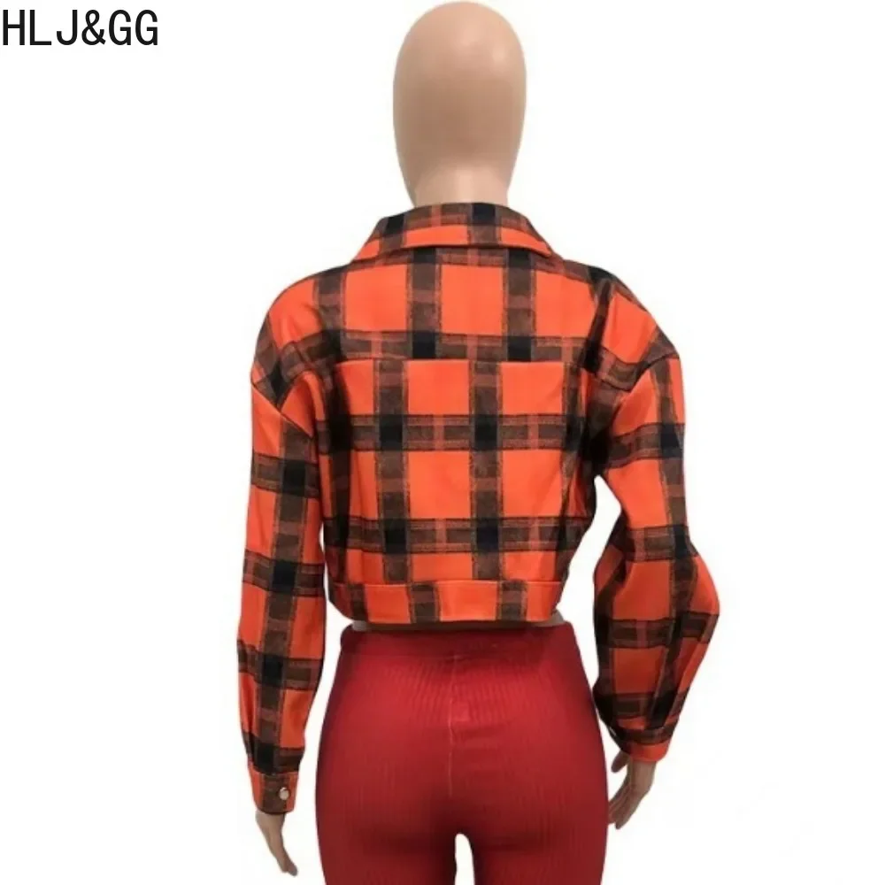 HLJ&GG Autumn Casual Plaid Print Crop Jackets Women Turndown Collar Long Sleeve Button Coats Fashion Female Slim Streetwear Tops