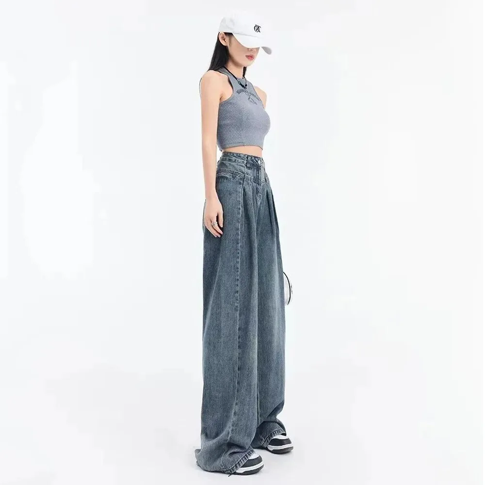 

Retro High Waist Wide Leg Jeans Women's Autumn Winter Loose Straight Slimming Pear Shapes Lazy Draping Mop Pants American Korean