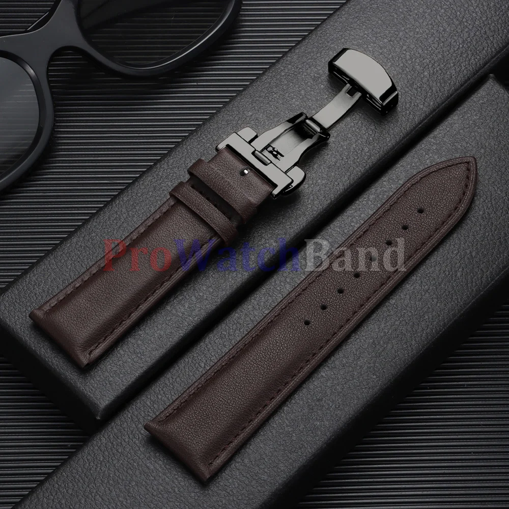 Elegant Leather Watch Band with Gold Butterfly Buckle - Soft Black & Brown Wristbelt