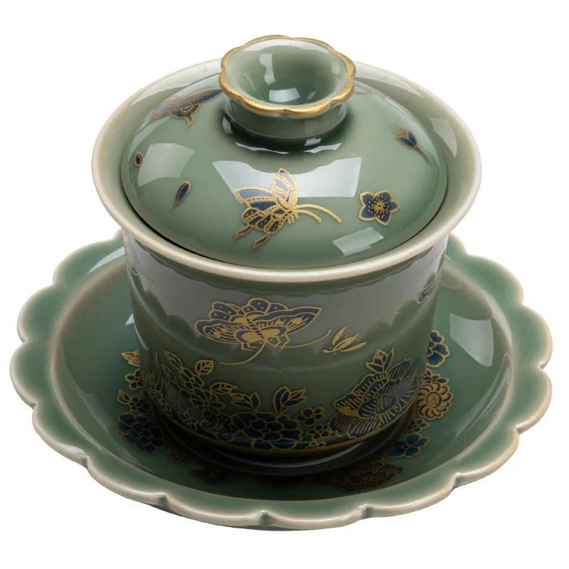 Chinese style retro celadon covered bowl creative ceramic tea bowl large tea cup Kung Fu set brewing