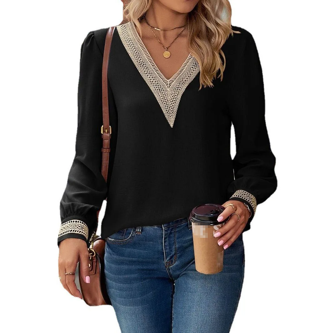 

T-shirt for Women Autumn and Winter Solid Color V-neck Long-sleeved Loose Lace Splicing Color Collision Blouse