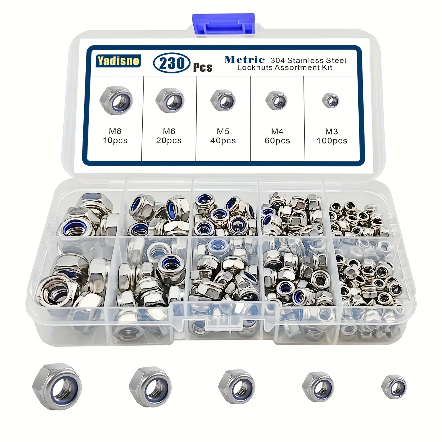 188/230/300pcs 304 Stainless Steel Lock Nut Assortment Kit Metric Nylon Insert M3 M4 M5 M6 M8 M10 M12
