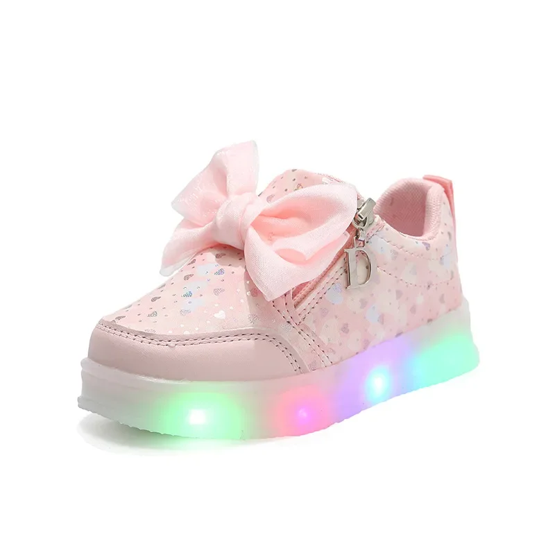 LED Girls Shoes Girls Cute Bow Kids Sneakers Fashion Luminous Sole Children Casual Shoes Zipper Student Walking Shoes Кроссовки 5