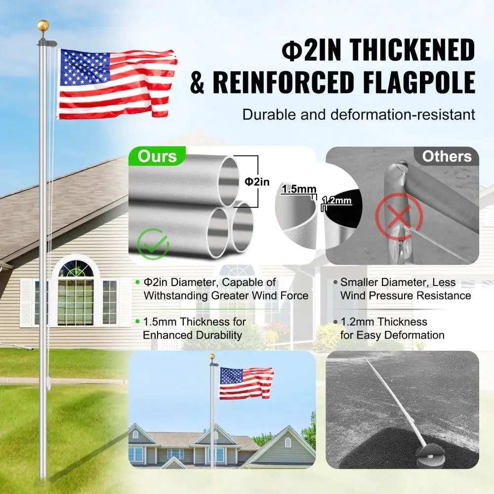 20FT Detachable Flagpole Kit Heavy Duty Aluminum Flag Pole American Silver