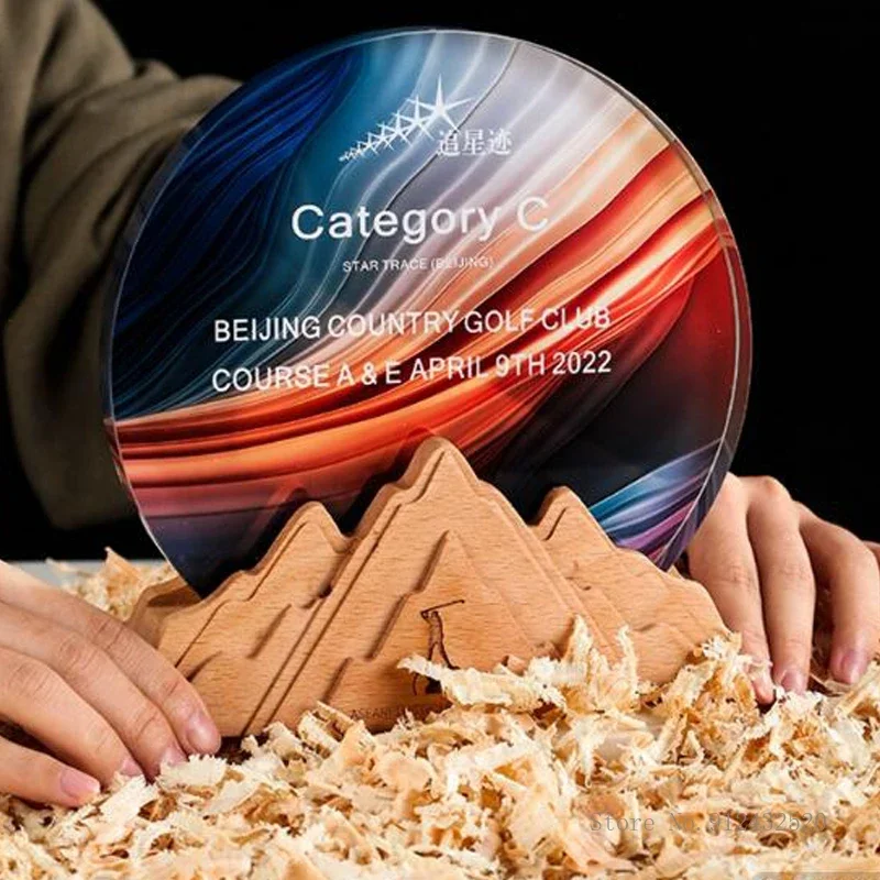 Customized Solid Wood Base Crystal Trophy, Honor Medal, Craft, Personality Can Becolor-printed, Excellent Staff, Home Decor, 1Pc