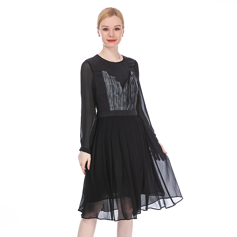 

【Clearance Sale】Silk O-neck Office Ladies Long Sleeve Black Midi Dress Elegant Appliques Pleated Dresses Women Clothing AE136