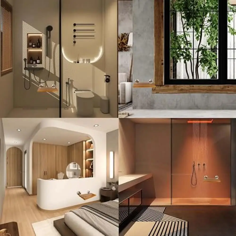 20 Inch Brushed Teak Wall Mounted Fold Down Shower Bench 330lbs Load ADA Compliant Home Care Seat 6