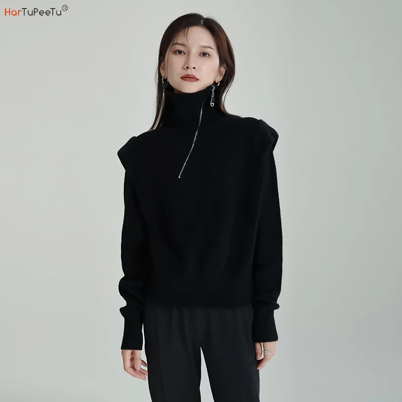 

Black Turtleneck Pullover Sweater Women 2023 Autumn Winter Zip Irregular Knitwear Korean Style Fitness Outdoor Top