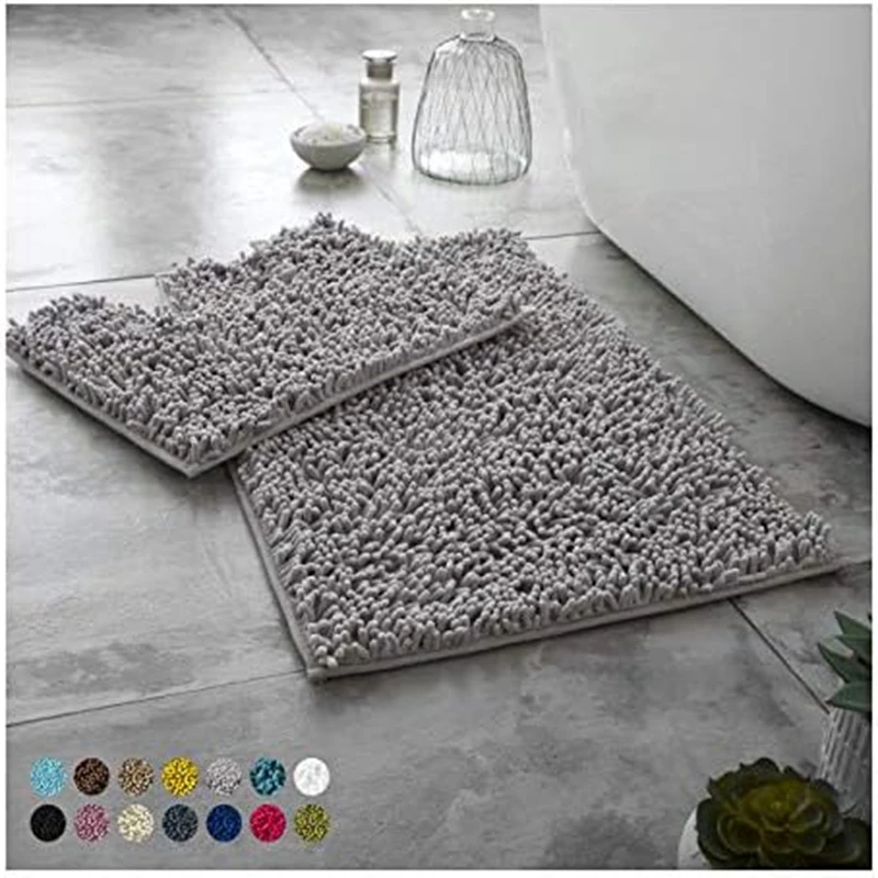 

2 Piece Loop Bath Mats For Bathroom - Non-Slip Chenille Bath Mat Set Rugs, Extra Soft Pedestal Bathmat Shower Toilet Mat Durable