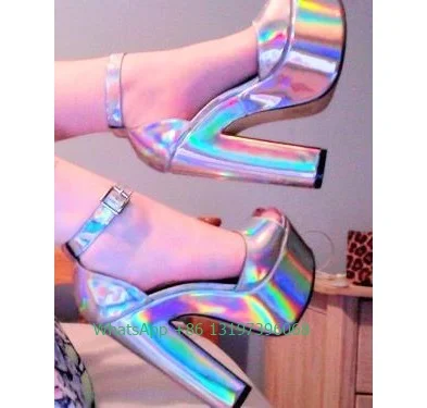 

Lady color rainbow platform sandals peep toe chunky square heels dance pole party shoes large size footwear 46