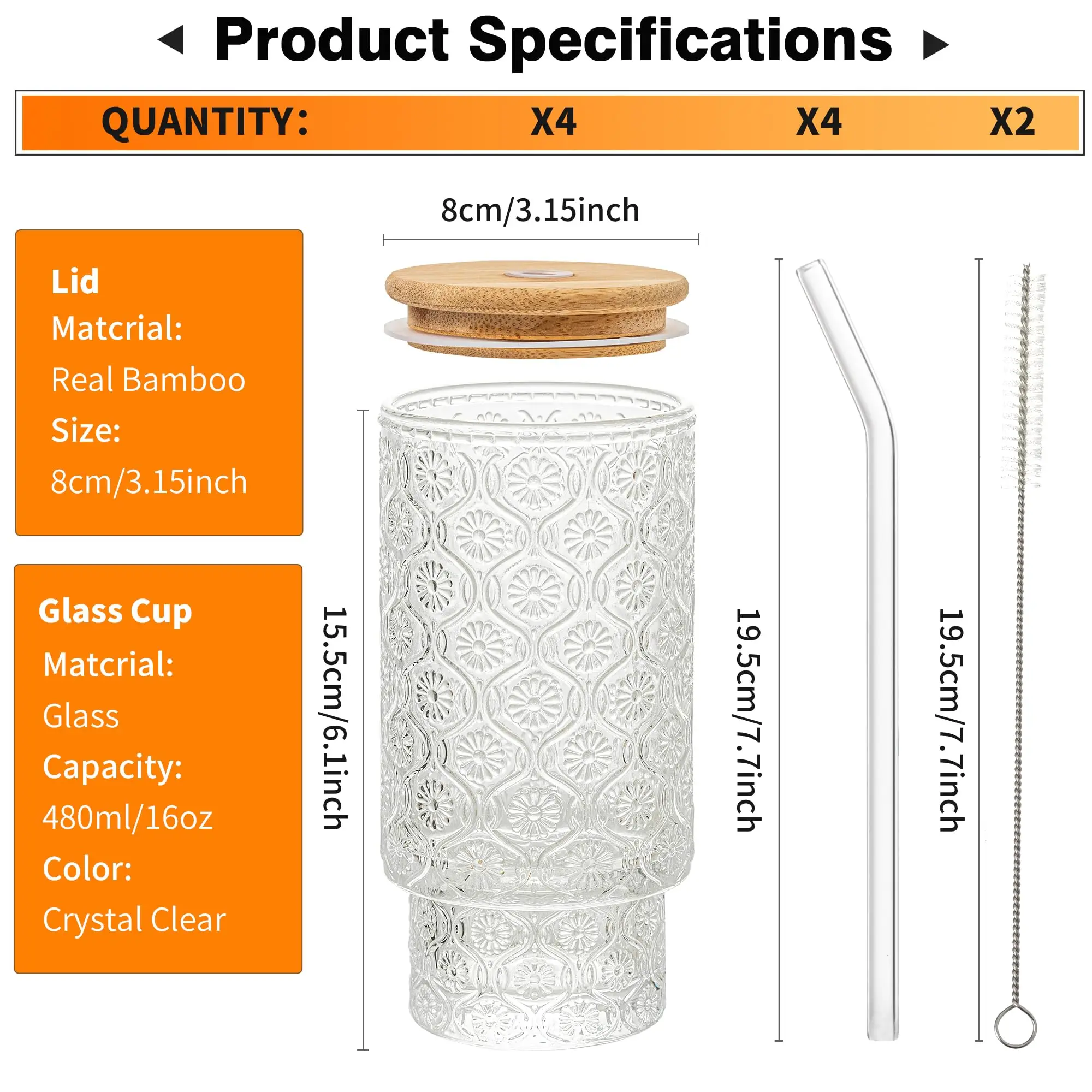4PCS Begonia Flowers Glass 16oz Clear Embossed Glass Cup With Bamboo Lids And Straws Romantic Stackable Glasses For Juice Beer