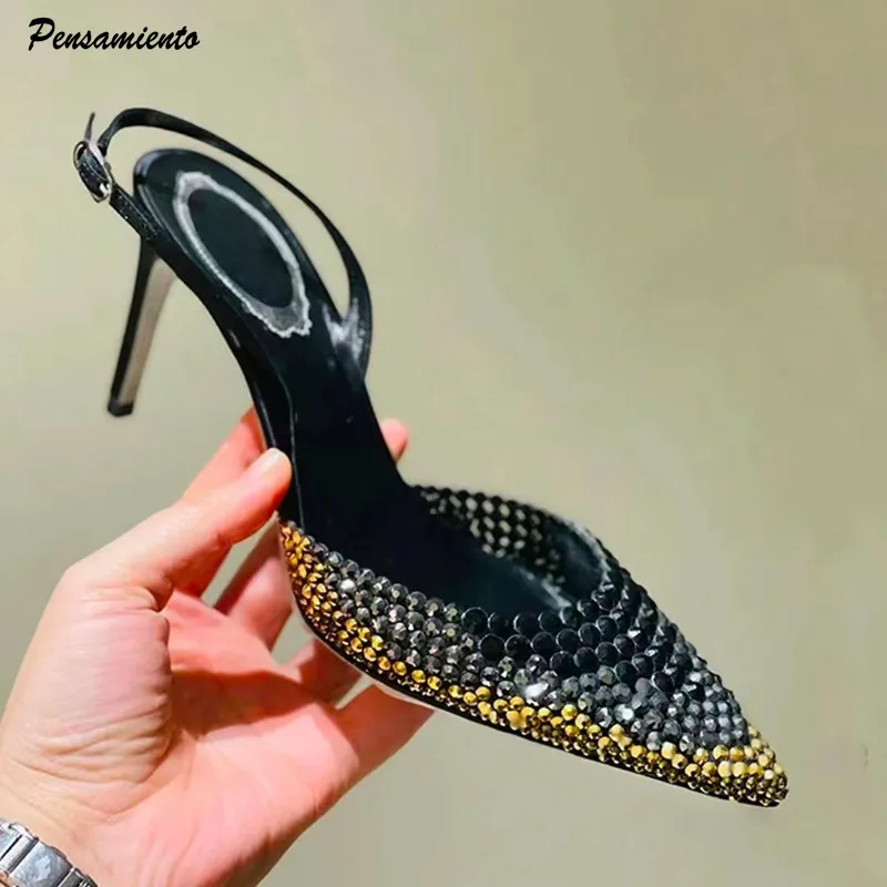 Star style Gradient Rhinestones Pointed toe Stiletto High heels Women Sandals Fashion Spring Summer Slingbacks Party Prom Shoes