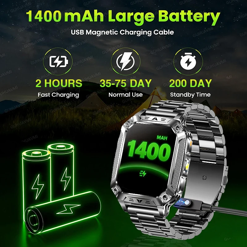 2026 HOT 업그레이드된 1400mAh 배터리 용량 스마트워치 남성용 아웃도어 GPS 트랙 5ATM 방수 HD 통화 SOS 플래시라이트 스포츠 워치