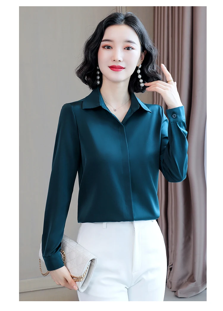 Tシャツ・カットソー PLAIN Blue Blouse with Three-Quarter Sleeves in Satin Woman Allegra K Women's Casual Dressy Office Blouses 3/4 Sleeve V