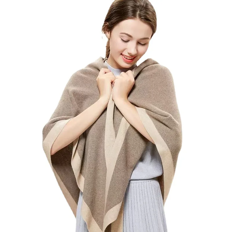 

Women Wool Blend Cashmere Knitted Solid Color Triangular Shawl with Contrast Border Stole Wrap Scarf 7 Colors Dropshipping