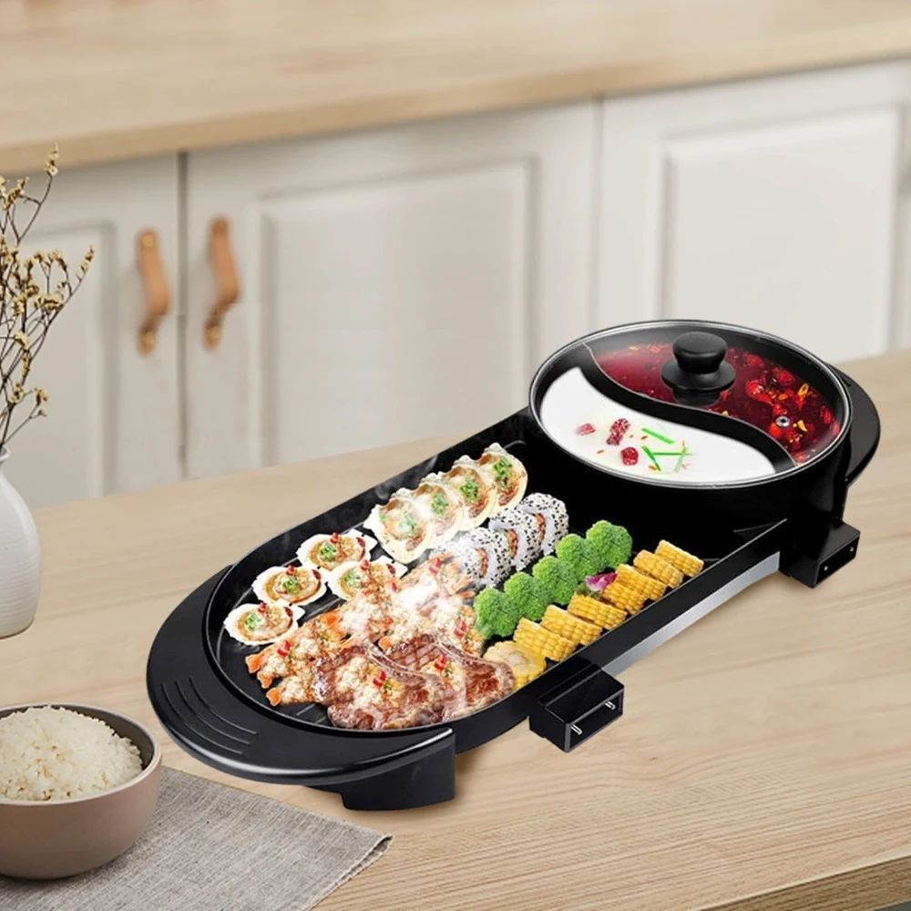 Multi-Functional Smokeless Shabu Pot & Griddle with Oil Tank and 5 Files Temp Control for 2-12 People, Dual Temperature Control 3