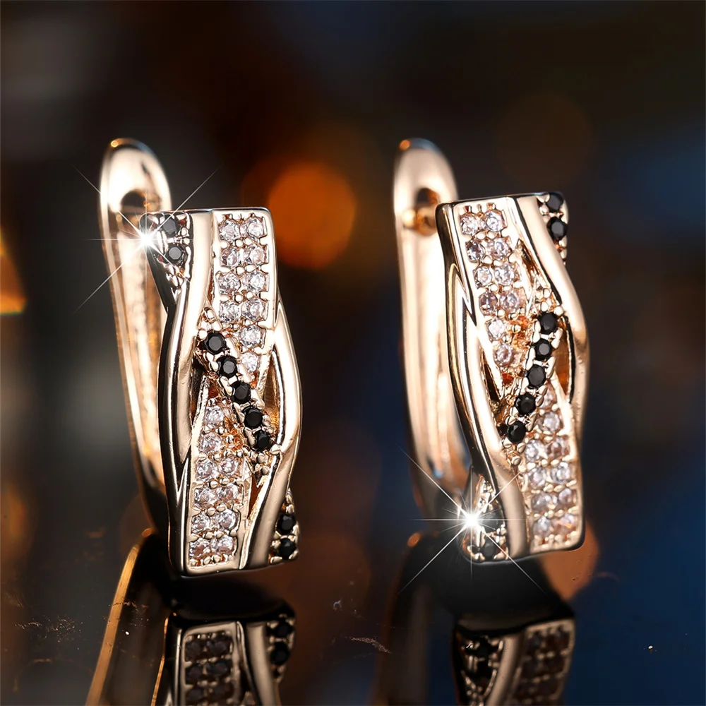 Retro Black Stone White Zircon Small Hoop Earrings For Women Vintage Gold Color Ear Buckle Wedding Jewelry Engagement Party Gift