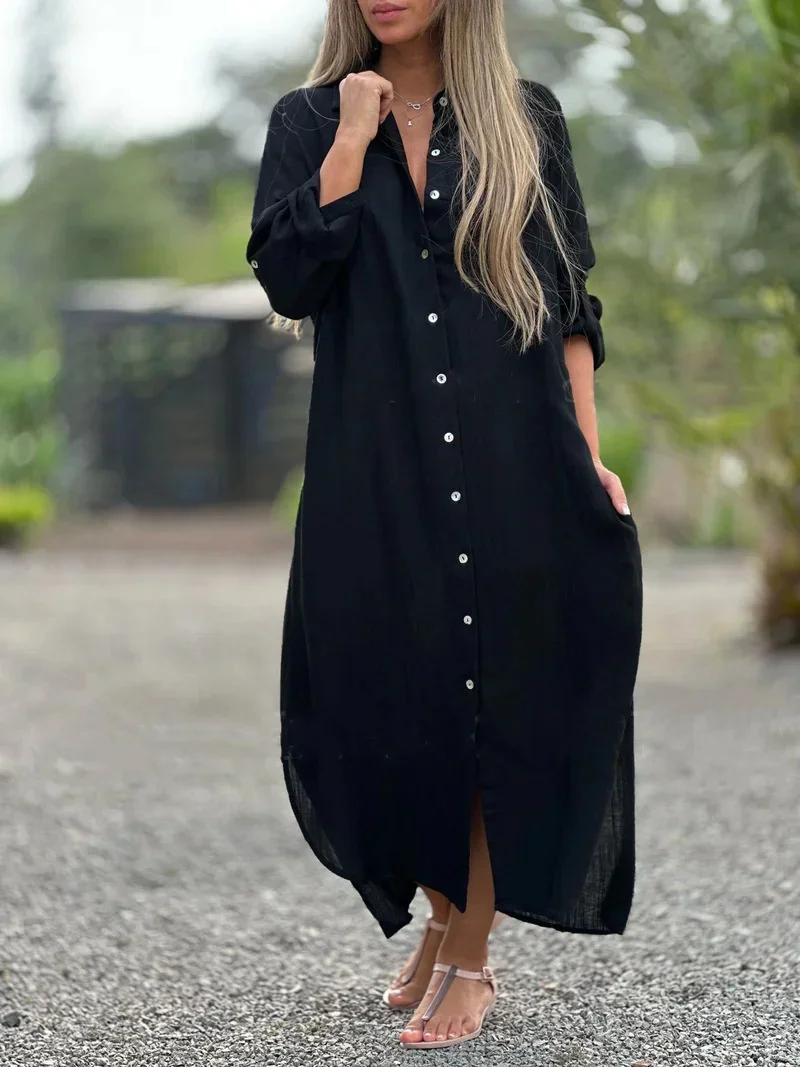 Simple Style Solid Color Cotton Linen Dresses Women Lapel Long Sleeve Single-breasted Cardigan Dress Female Double Pockets Gown - AliExpress 200000345 Simple Style Solid Color Cotton Linen Dresses Women Lapel Long Sleeve Single-breasted Cardigan Dress Female Double Pockets Gown - AliExpress 200000345