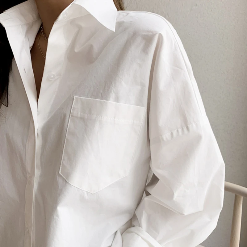 Long Sleeve Cotton White Blouse Women 