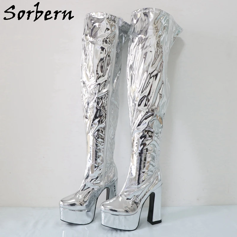 Sorbern-Botas femininas em prata metálica sobre o joelho, salto