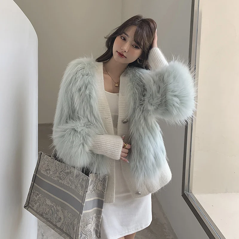 

2023New Fur Coat Women's Winter Korean Fashion Casual V Neck Single Breasted Knit Natural Raccoon Dog Fur Jacket casacas para mu