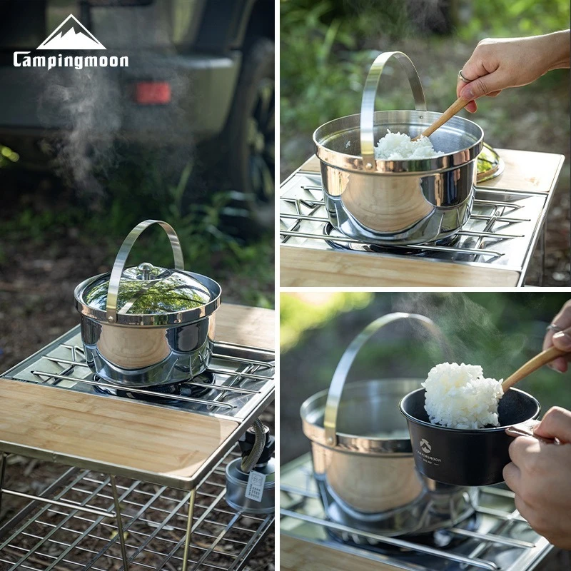 CAMPINGMOON CC-21 Thick Stainless Steel Camping Pot Picnic Stewed Rice Soup Pot Portable Outdoor Cooking Utensils