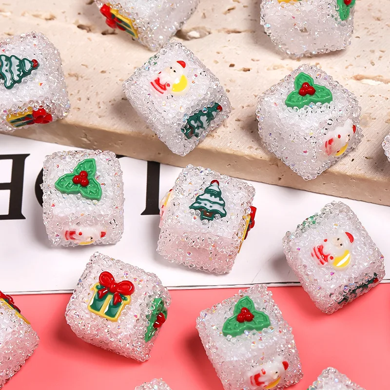 

Handmade DIY Jewelry Findings 21mm 15mm Cube Square Clear Rhinestone Candy Style Acrylic Beads with Christmas Resin Patch Sticks