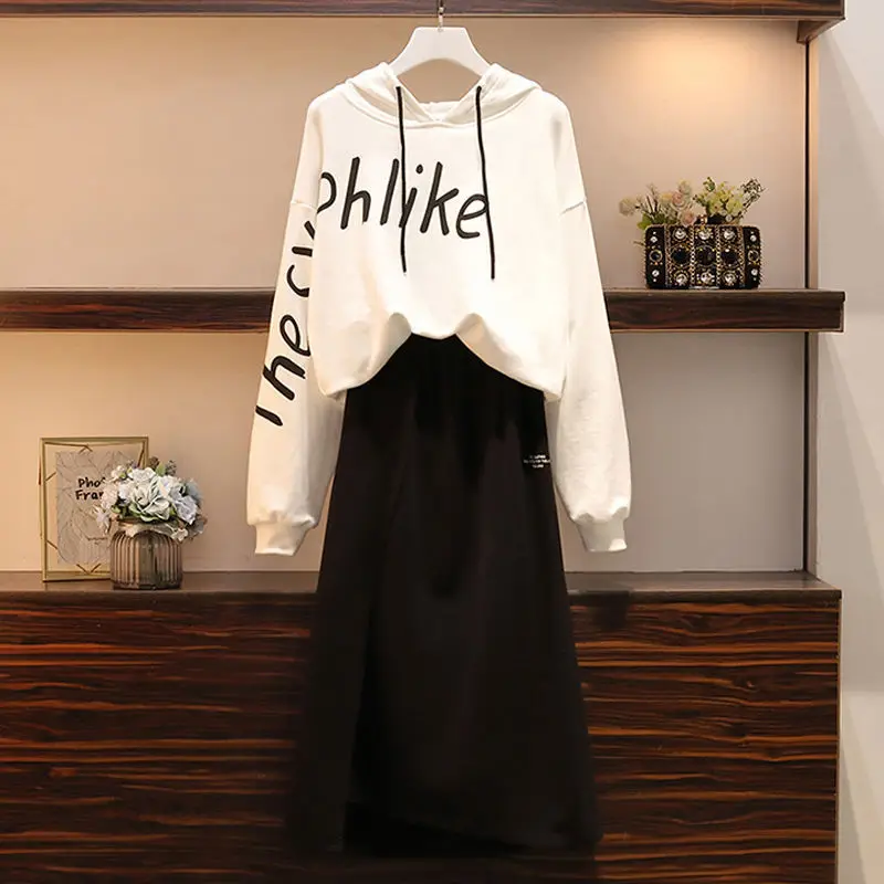 Women's Spring Autumn Daily Casual Long Sleeve Hooded T Shirt Skirts Two Piece Set Korean Lady Fashion Letter Sweatshirt Outfits