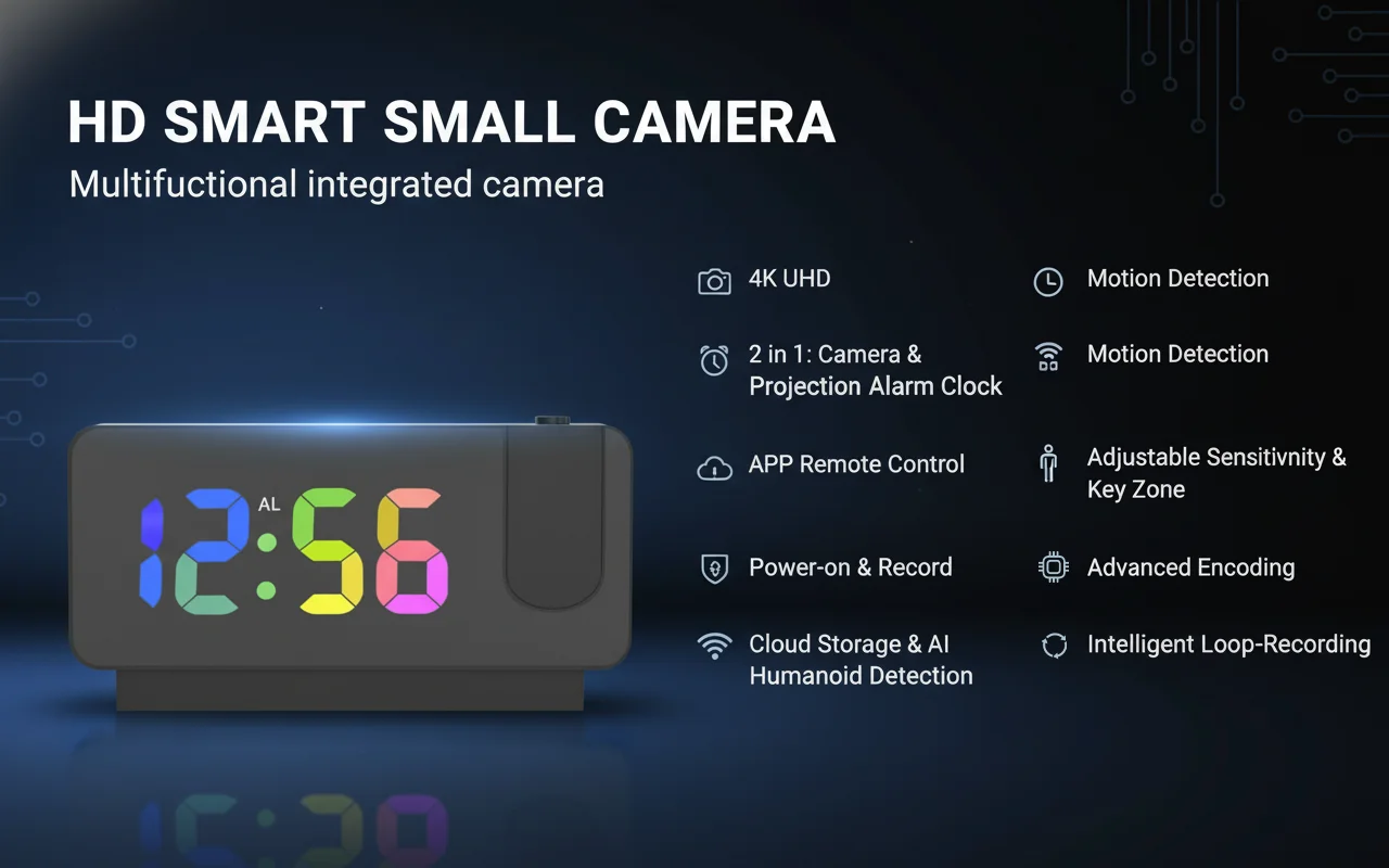 Back panel of alarm clock camera showing ports and controls