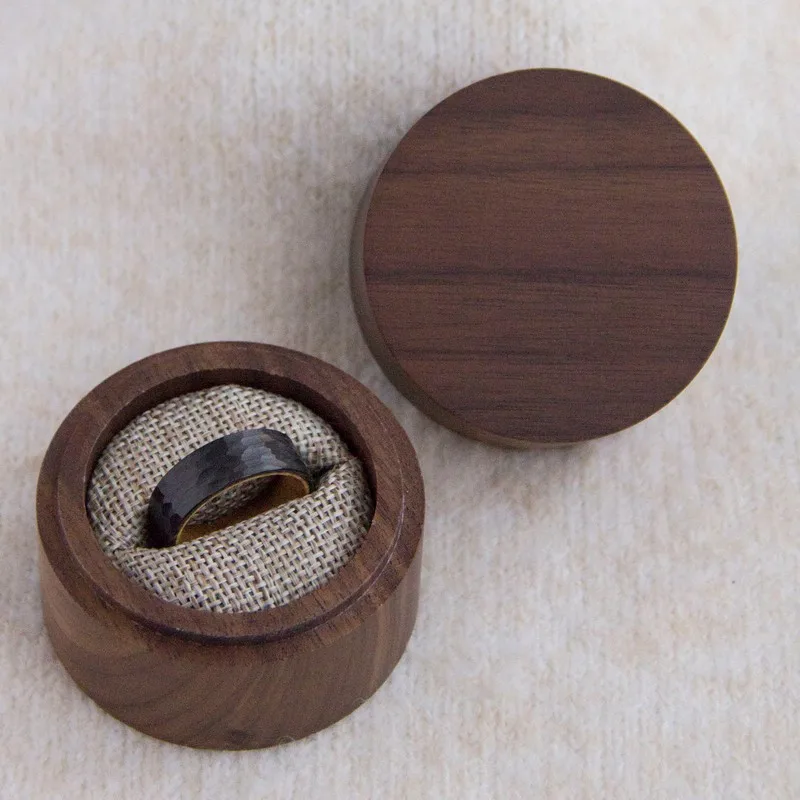Hammered Ring Black Faceted Steel Barrel Solid Wood Ring Tungsten Men ring Wedding Band 3