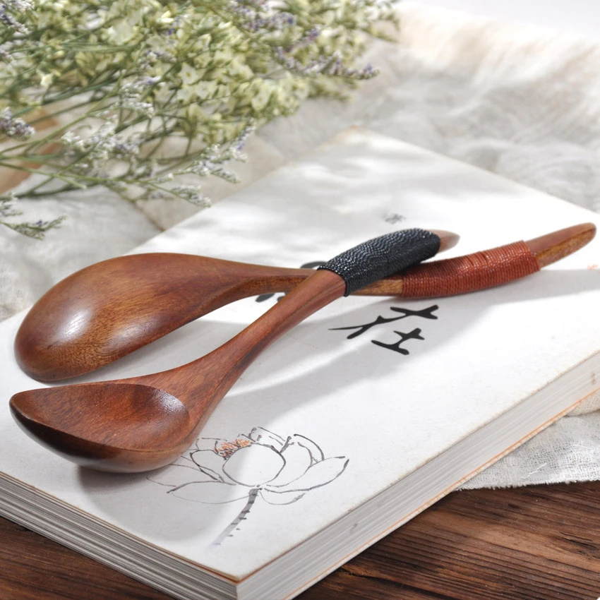 2 Pcs Wooden Spoons Rice Scoops Coffee Honey Stirring Mixing Spoon Teaspoon Kitchen Cooking Twine Wood Spoon for Noodle Soup