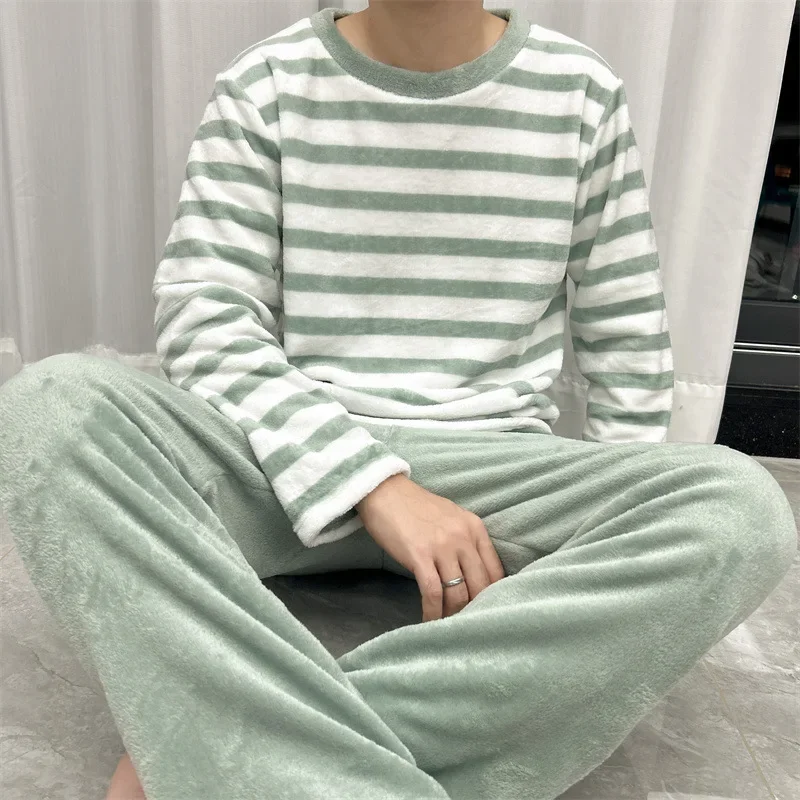 Large Size Winter Pajamas Set Men Warm Soft Flannel Striped Nightwear Long Sleeves 2 Pieces Set Home Clothes Korean Sleepwear