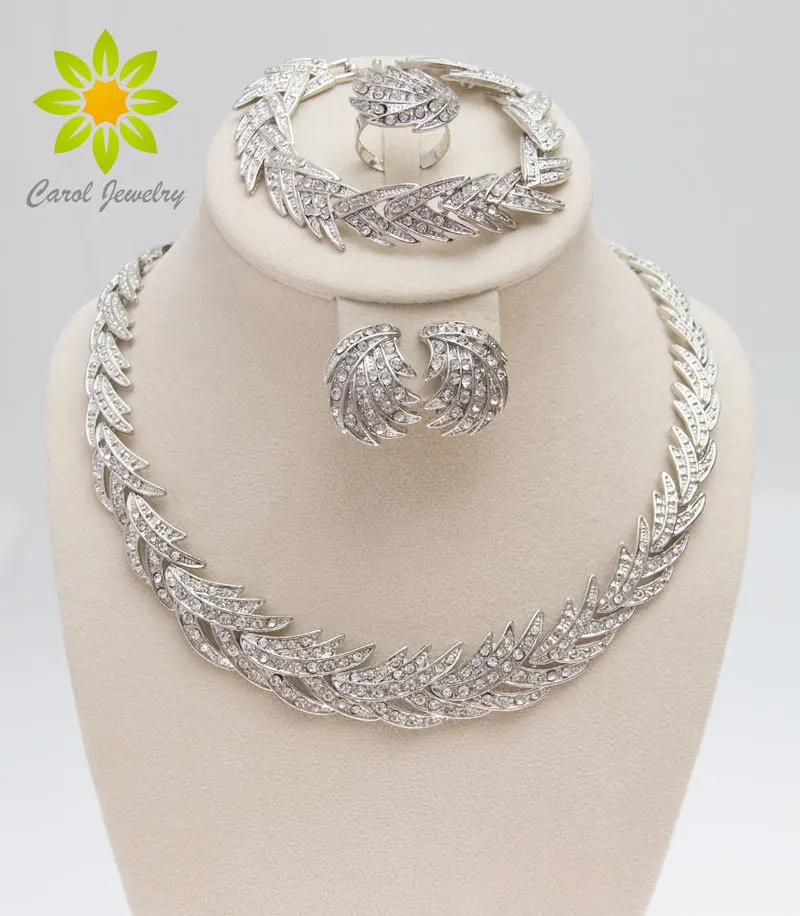 Leaves Shape Silver Color Clear Crystal Jewelry Set New Fashion Wedding Bridal African Costume Jewelry Sets bridal jewelry sets