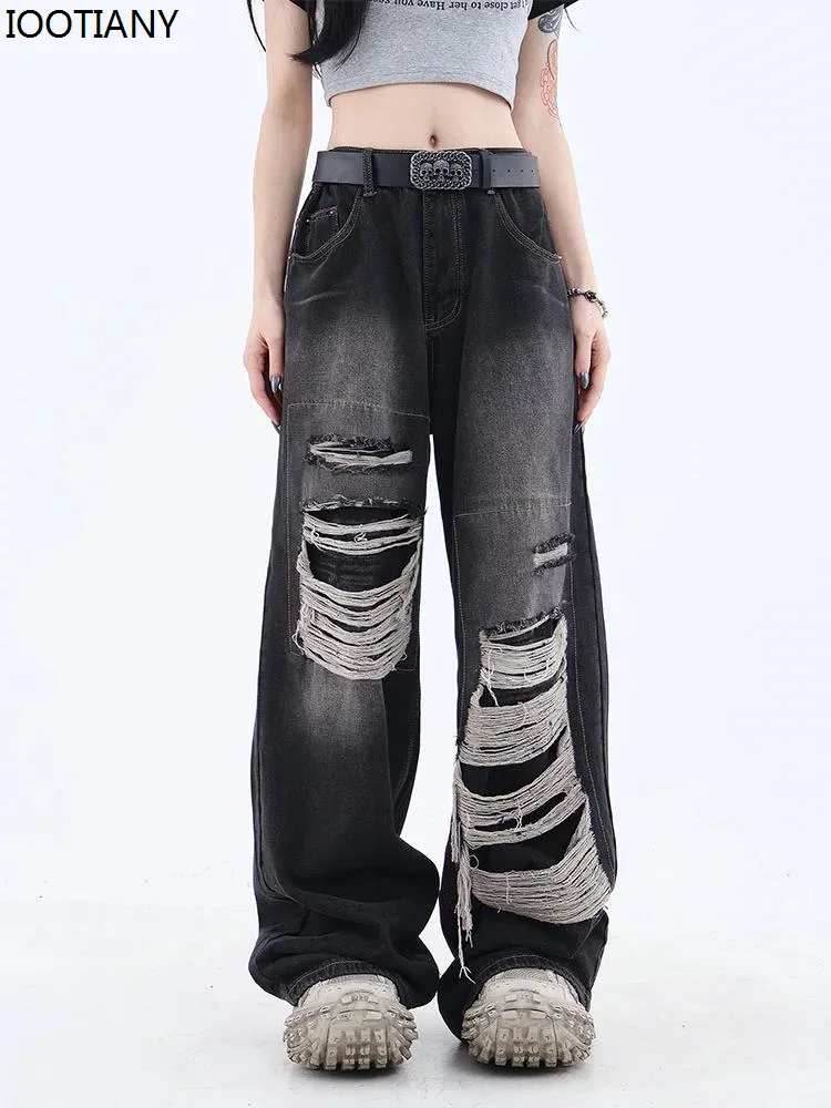 

Women's Gothic Black Jeans High Waist Vintage Korean Fashion Y2k Streetwear Ripped Pants Harajuku Casual Wide Leg Denim Trousers