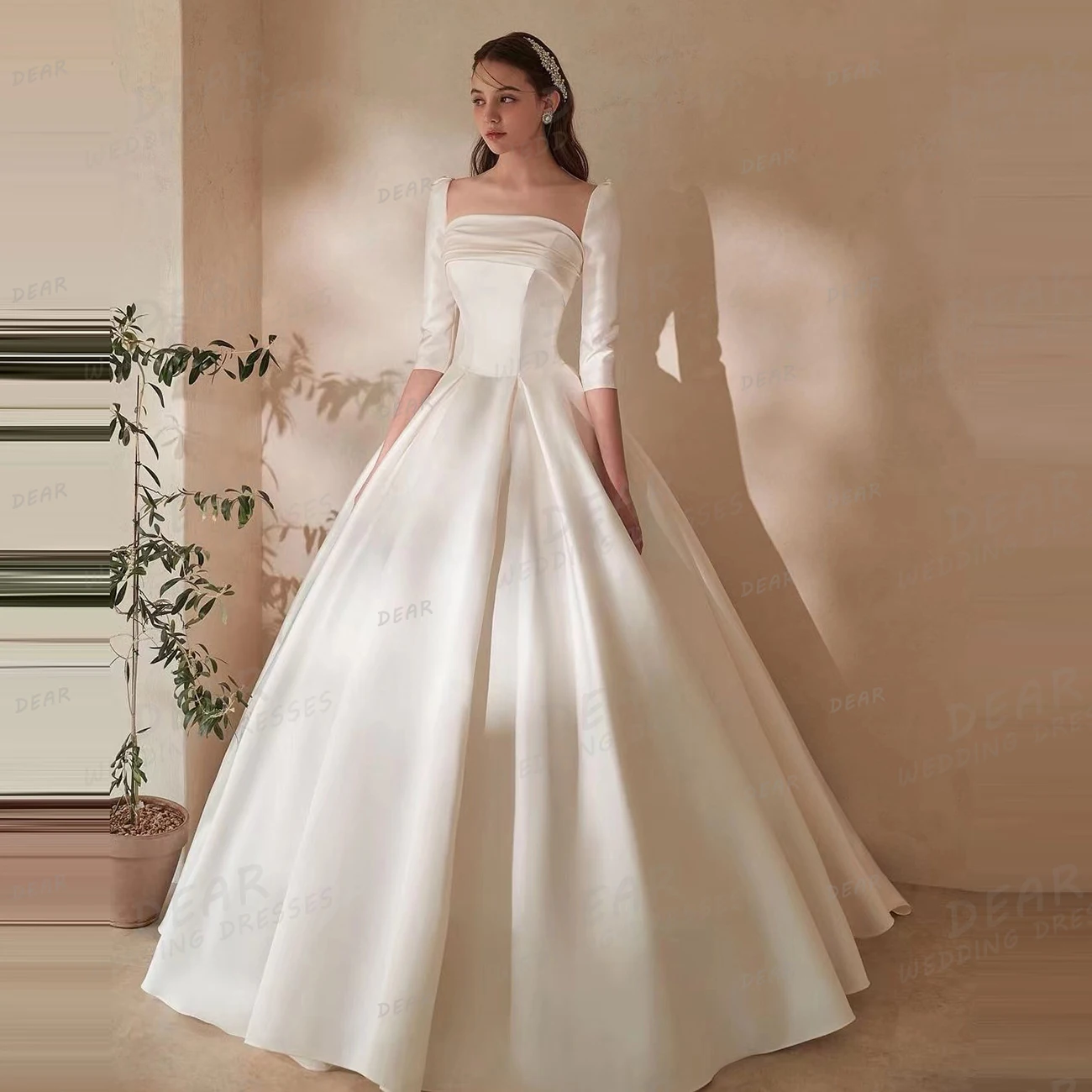 Luxury Square Collar Wedding Dresses Sexy A Line Princess Women's Bridal Gowns Half Sleeve Satin Customized Vestidos De Novia 2