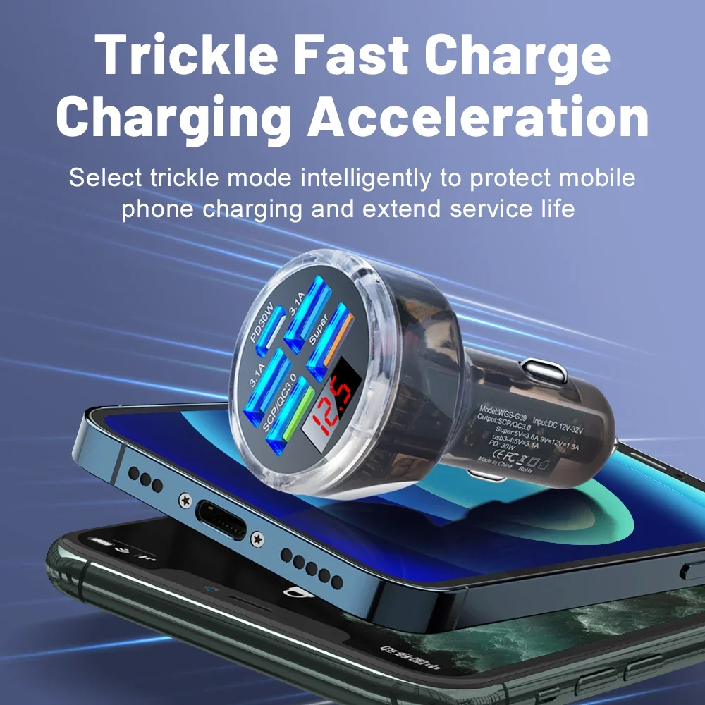 65W USB Car Charger with Digital Display PD Fast Charging 5 Ports Car Charger For Xiaomi iPhone 15 Samsung Quick Charge Adapter