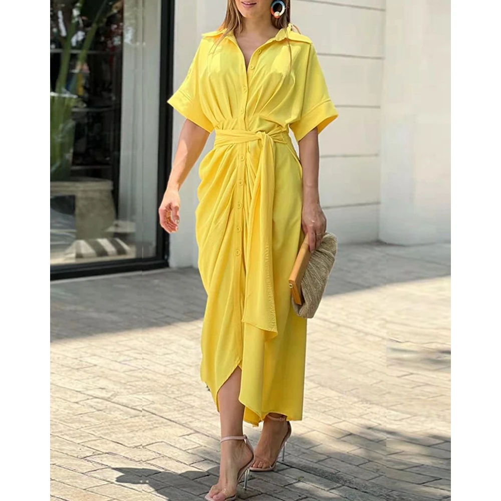 

Summer Women Ruched Turn-down Collar Buttoned Shirt Dress Korean Fashion Casual Solid Color Tied Detail Maxi Fashion Dress