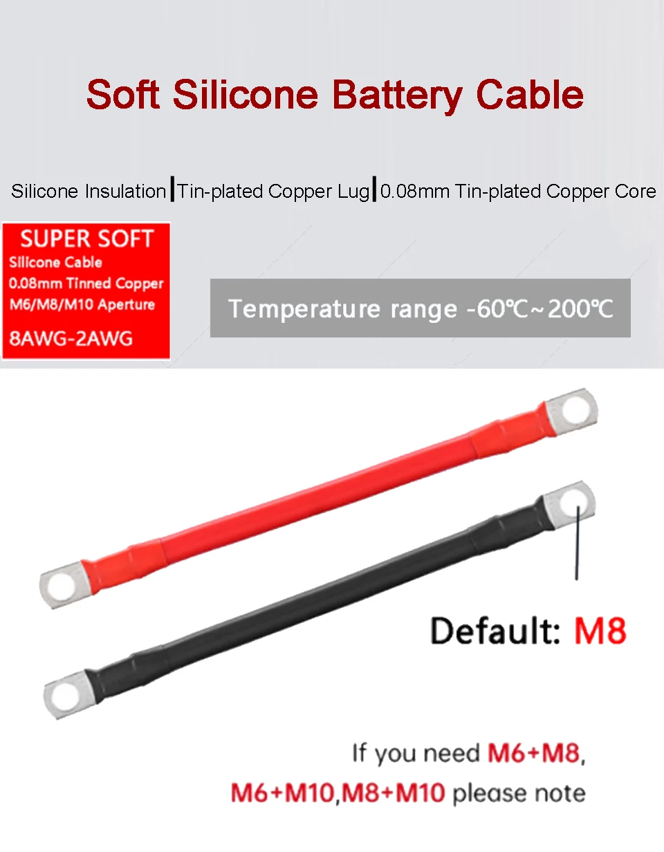Description Picture 2 of item8/6/4AWG 2 0AWG Super Soft Silicone Battery Connection Cable with Tinned Copper Lugs For Inverter,Battery,Car ,UPS.solar