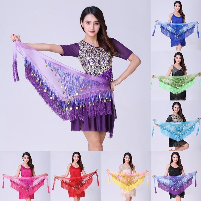 Belly Dance Hip Skirt Scarf For Wrap Waist Belt Bling Golden Coin Sequins Tassels Accessories Chiffon Fringe Scarf Waist Chain