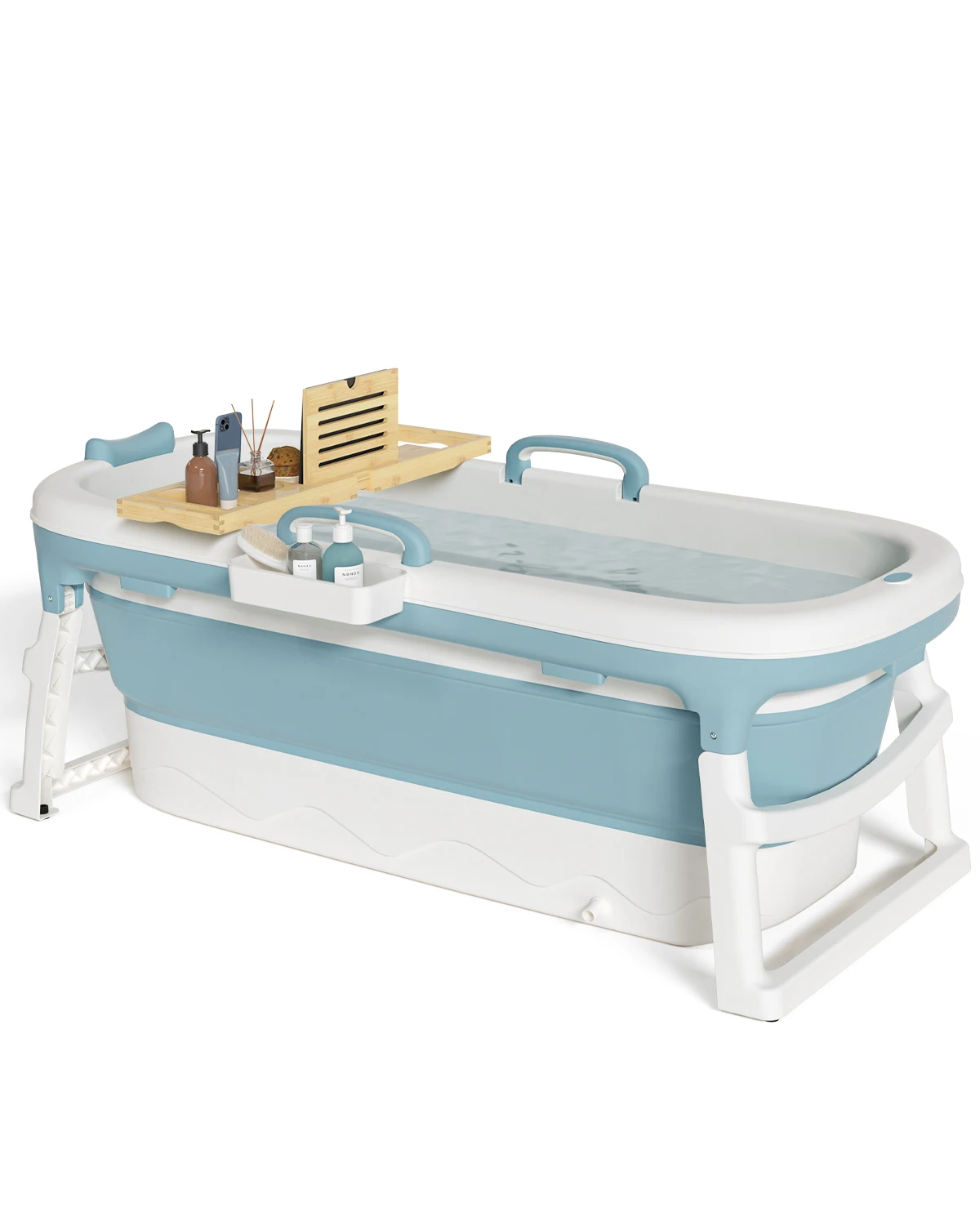 

Portable Folding Bathtub with Bamboo Tray for Adults, 54” Foldable Hot Tub with Massage Rollers, Soaking Barrel for Spa