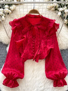 French Sweet Long Sleeved Blouse Women's Clothing Spring Autumn Bow Ruffle Edge Polka Dot Printed Chiffon Shirt Top C42 1