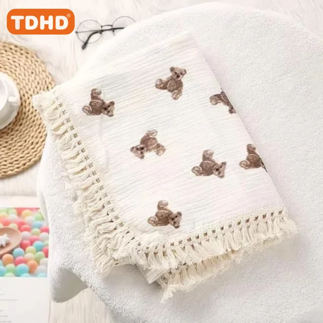 TDHD 1pc CozySoft Knitted Wrap Blanket with Teddy Bear Print, Soft Fringe Tassel, Breathable Muslin Swaddle for Strollers 5