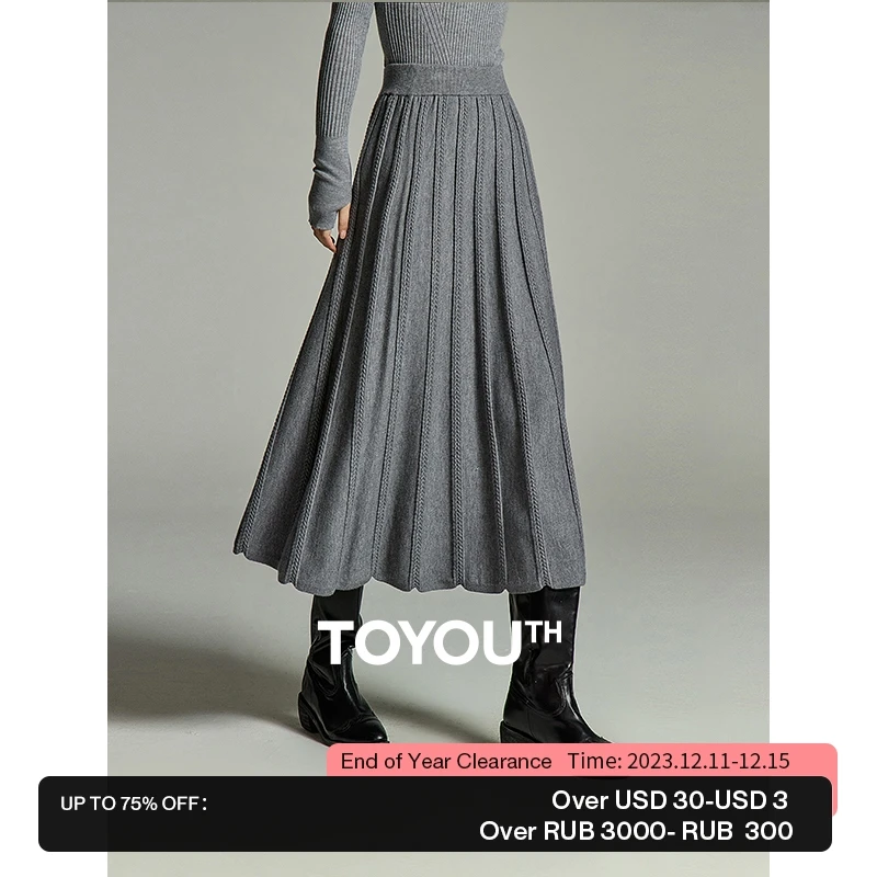 

Toyouth Women Knit Skirt 2023 Winter Elastic Waist A-shaped Loose 3D Twisted Flower Texture Elegant Black Gray Mid-length Skirt