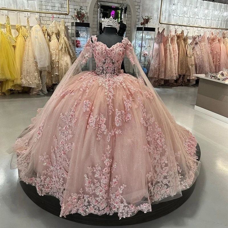 

Pink Sparkly Quinceanera Dresses With Cape Tassels Sweet 16 Dresses Ball Gown 3D Flowers Tulle Birthday Gowns vestidos de 15
