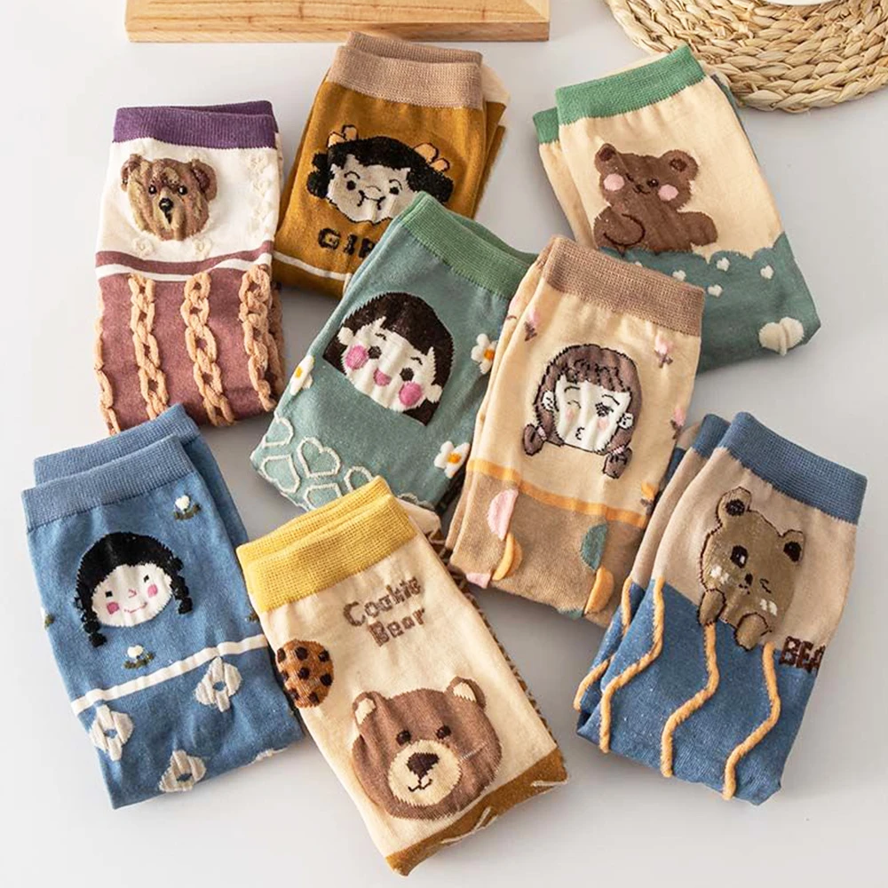 Cartoon Stripe Cute Socks 4 Pairs Women Harajuku Fashion Creative Ins Female Cotton Sock Kawaii Funny Girl Socks Christmas Gift