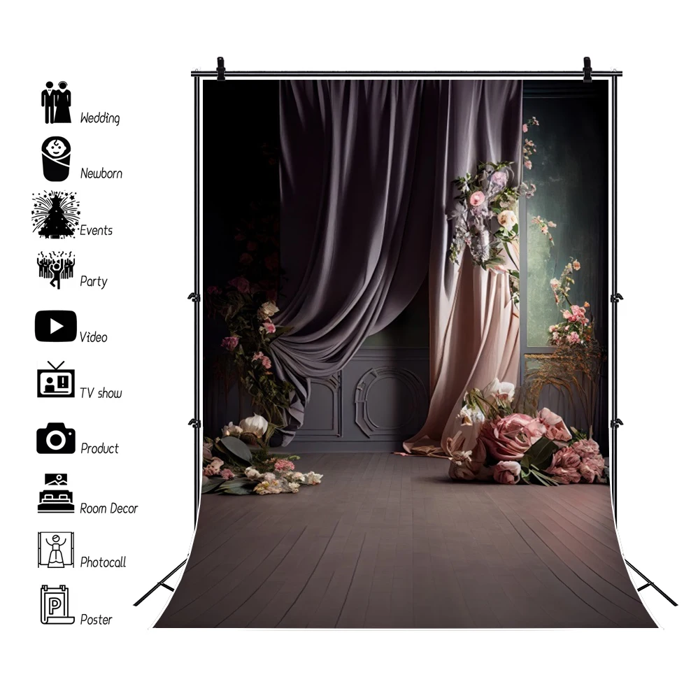 웨딩 Boho 사진 배경 레트로 꽃 창 커튼 신부 샤워 초상화 생일 파티 Photocall 배경 장식