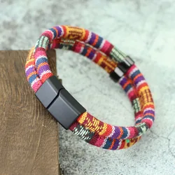 Men's Double Layer Bohemian Fabric Bracelet with Rope and Magnet Buckle - M 19.5cm 7.7Inch (YellowRed)