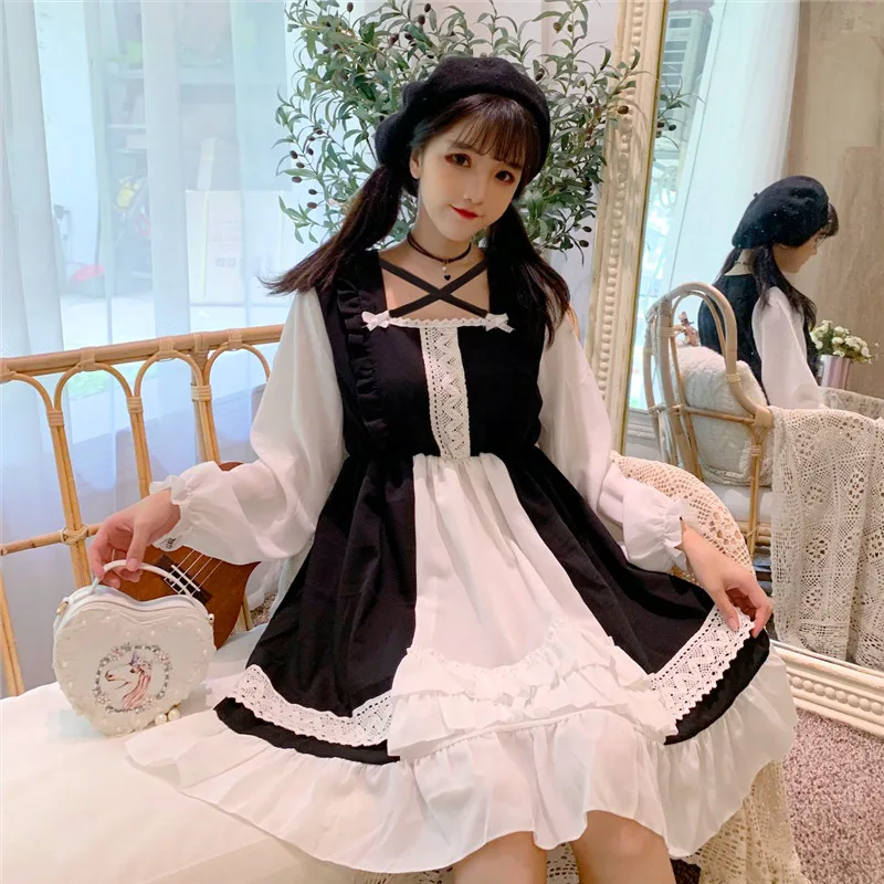 

Japanese Woman Dress Lolita Style Contrast Color Patchwork Ruffles Robe Femme Lace Sweet A-line Dresses 2023 Vestidos De Mujer