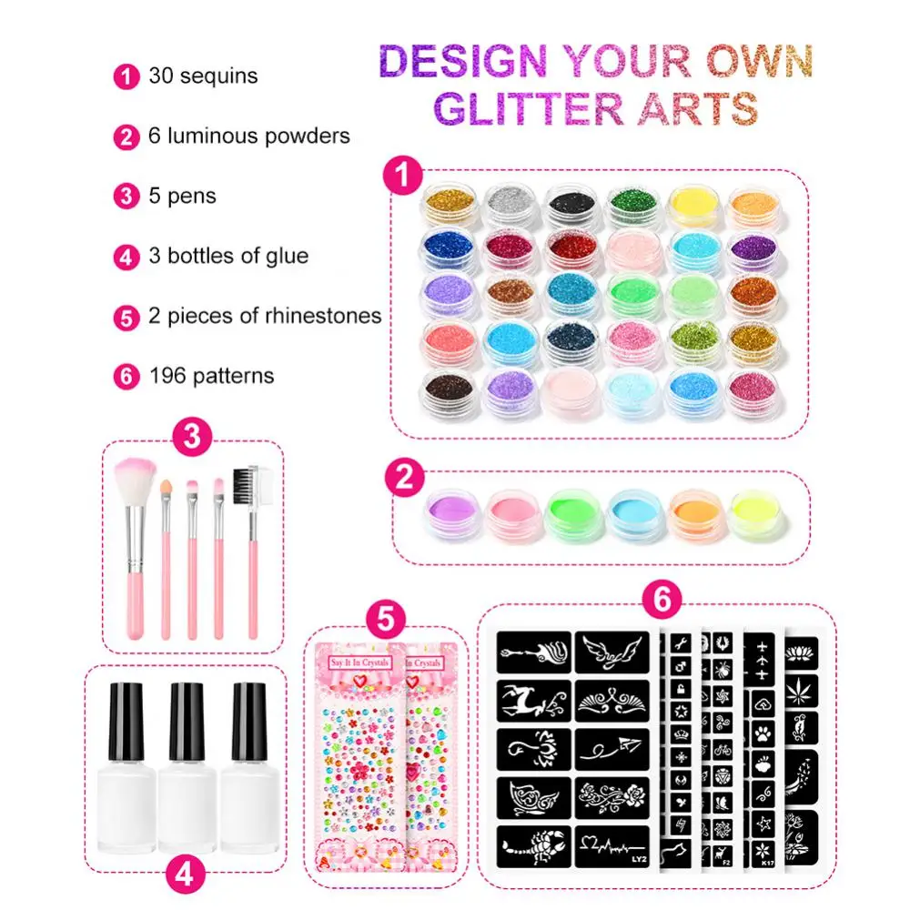 30 Colors Diamond Glitter Temporary Tattoo Set Glitter Powder Makeup Brush  Tattoo Glue Tattoo Party Face Body Art Kits For Kids - AliExpress