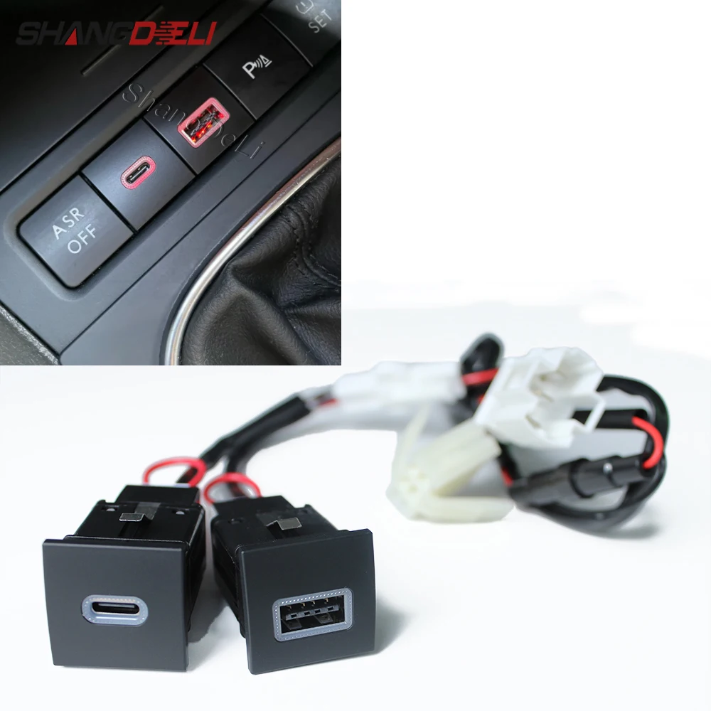 12V 빨간색 LED 자동차 소켓 충전기 VW 골프 6 MK6 Jetta 5 MK5 용 듀얼 USB PD 유형 C 포트 전화 충전기 전원 어댑터